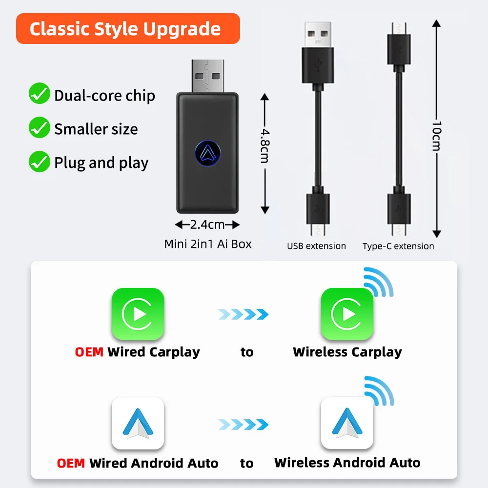 

Новое обновление, проводной к беспроводному 2в1 Box CarPlay Android auto адаптер для проводного OEM автомобиля Smart Ai Box Bluetooth WiFi Connect Map