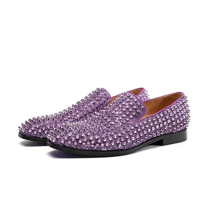 

Purple Glitter Studded Spikes Shoes Men Fashion Handmade Flat Rivets Loafers Shoes Round Toe Shining Runway Party Dress Shoes