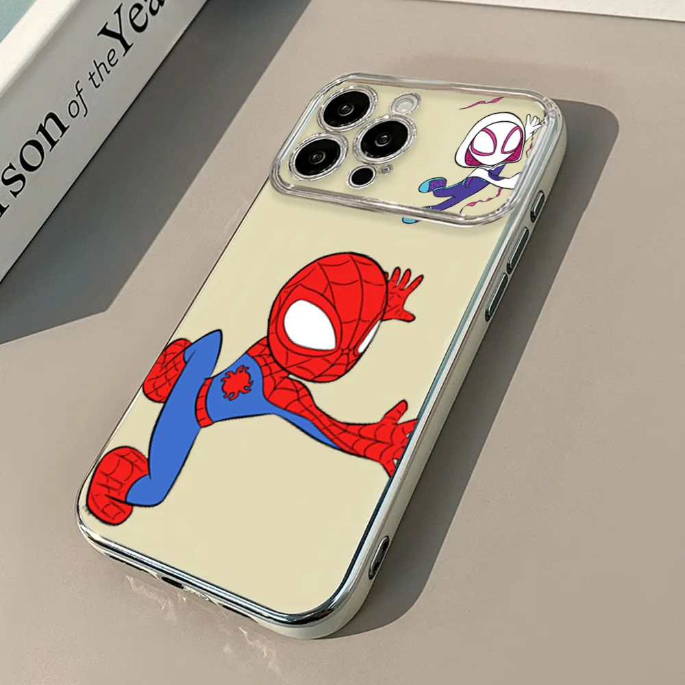 Phone Case For iPhone MINISO S-Spiders M-Man Couple 12 11 13 14 15 16 Max Pro Plus Electroplated Large Window Lens