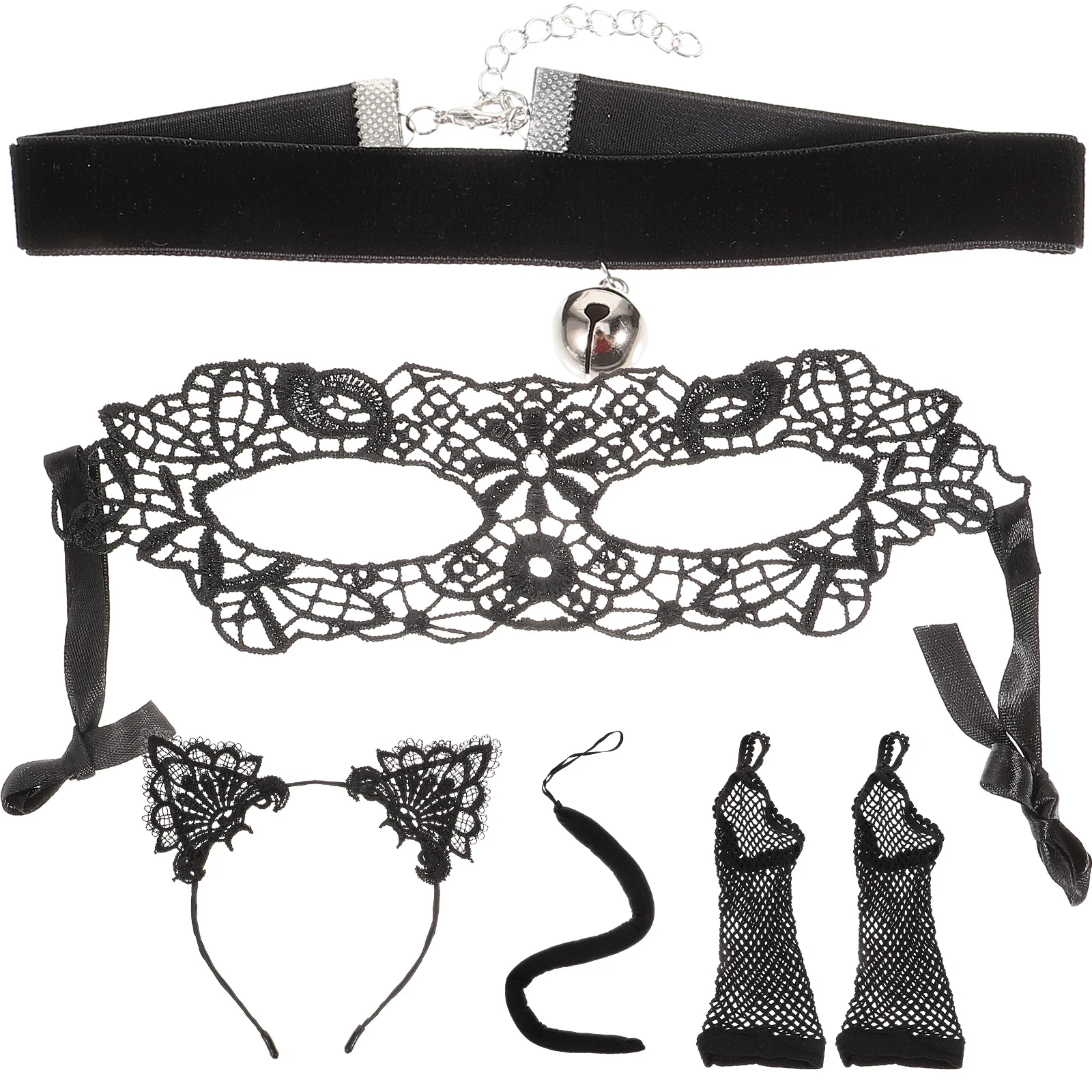 

1 Set of Animal Fancy Dress Costume Halloween Cat Cosplay Tail Eye Cover Choker Hair Loop Gloves