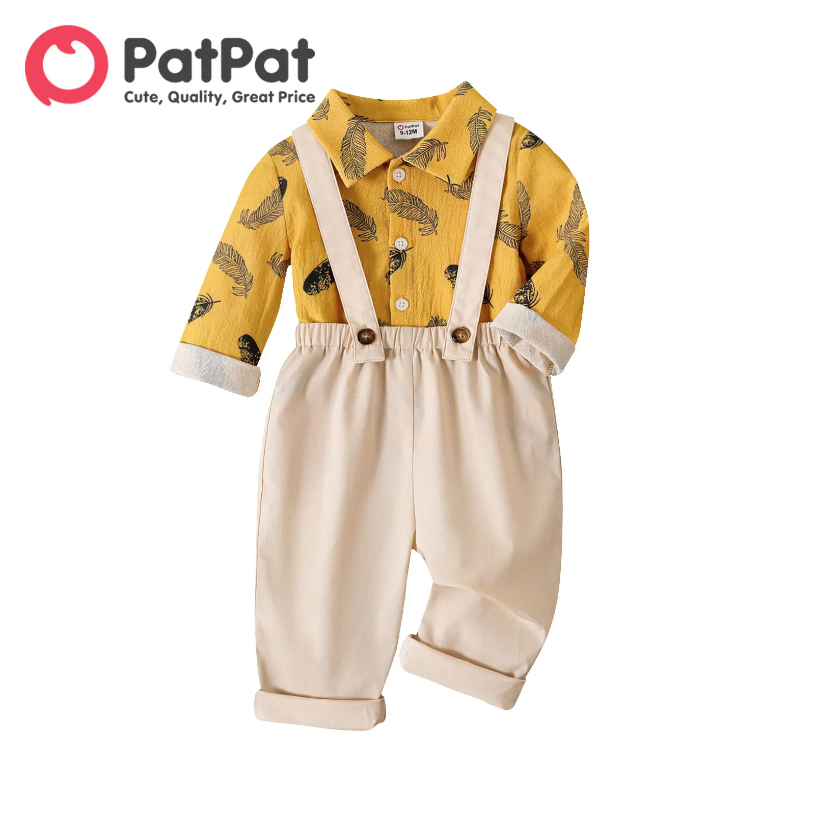 

PatPat 2pcs Baby Boy 100% Cotton Long-sleeve Allover Feather Print Button Up Shirt and Solid Suspender Pants Set