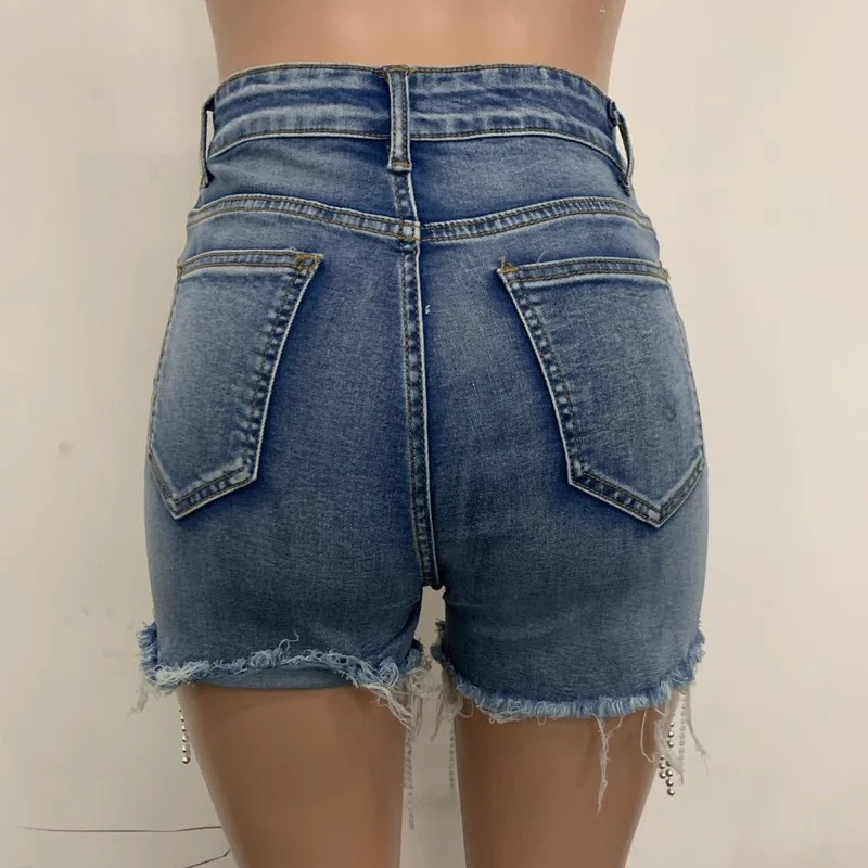 2022 Summer Fashion Ladies Sexy Ripped Beaded Fringe Zipper Personality Temperament Skinny Denim Shorts Women Oversize