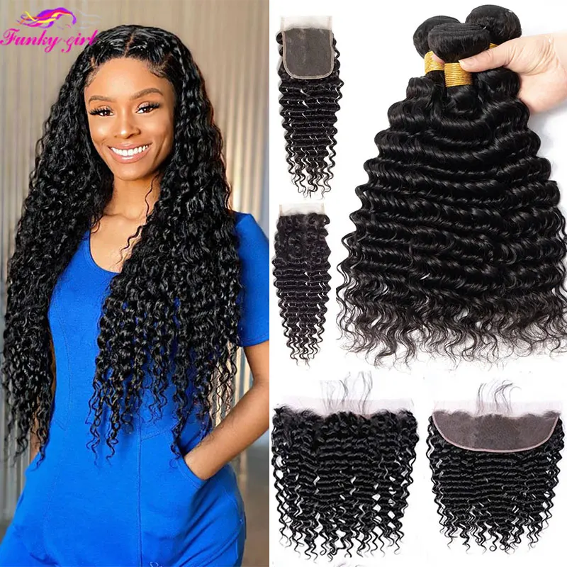 

Deep Wave Bundles With Frontal 100% Human Hair 13x4 Lace Frontal 30 32 34 Inchs Brazilian Remy Hair Bundles Weave With Closure