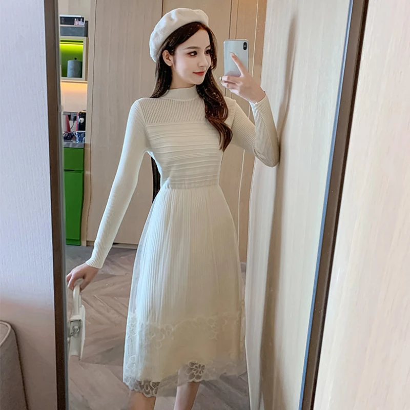 

Half Turtleneck Knitted Bottoming Long Sleeve Sweater Mesh Lace Dress 2022 New Autumn and Winter Thickened Temperament Dress