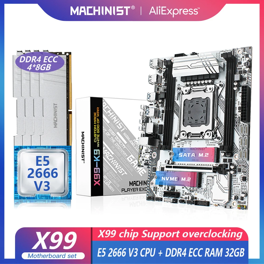 

MACHINIST X99 Kit материнская плата с Xeon E5 2666 V3 CPU LGA 2011-3 32G = 8G * 4 DDR4 ECC RAM память NVME M.2 M-ATX USB 3,0 K9