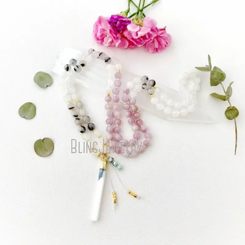 10 шт. Selene Moon Goddess Mala Moonstone Tourmalineated Quartz 108 четки длинные многослойные женские