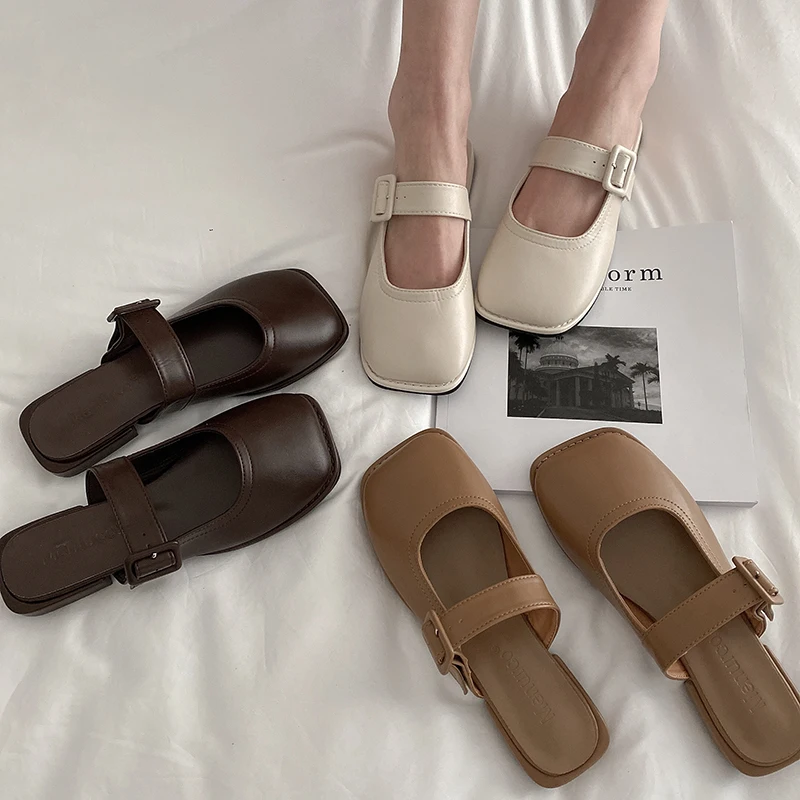 

Fashion Square Toe Slippers Leather Sandals Women Flat Heel Slip On Comfy Mules Shoes Slides