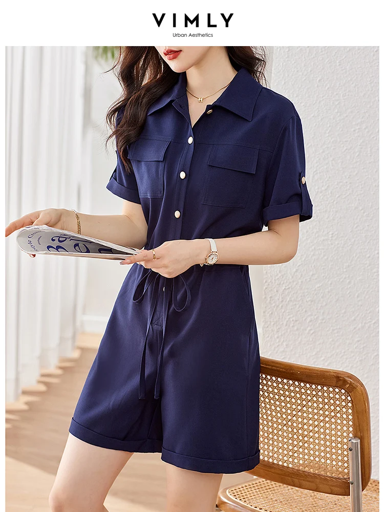 Vimly Navy Women's Summer Jumpsuit 2023 Fashion Casual Cargo Pants Office Ladies Drawstring Wide Straight Leg Shorts Playsuits