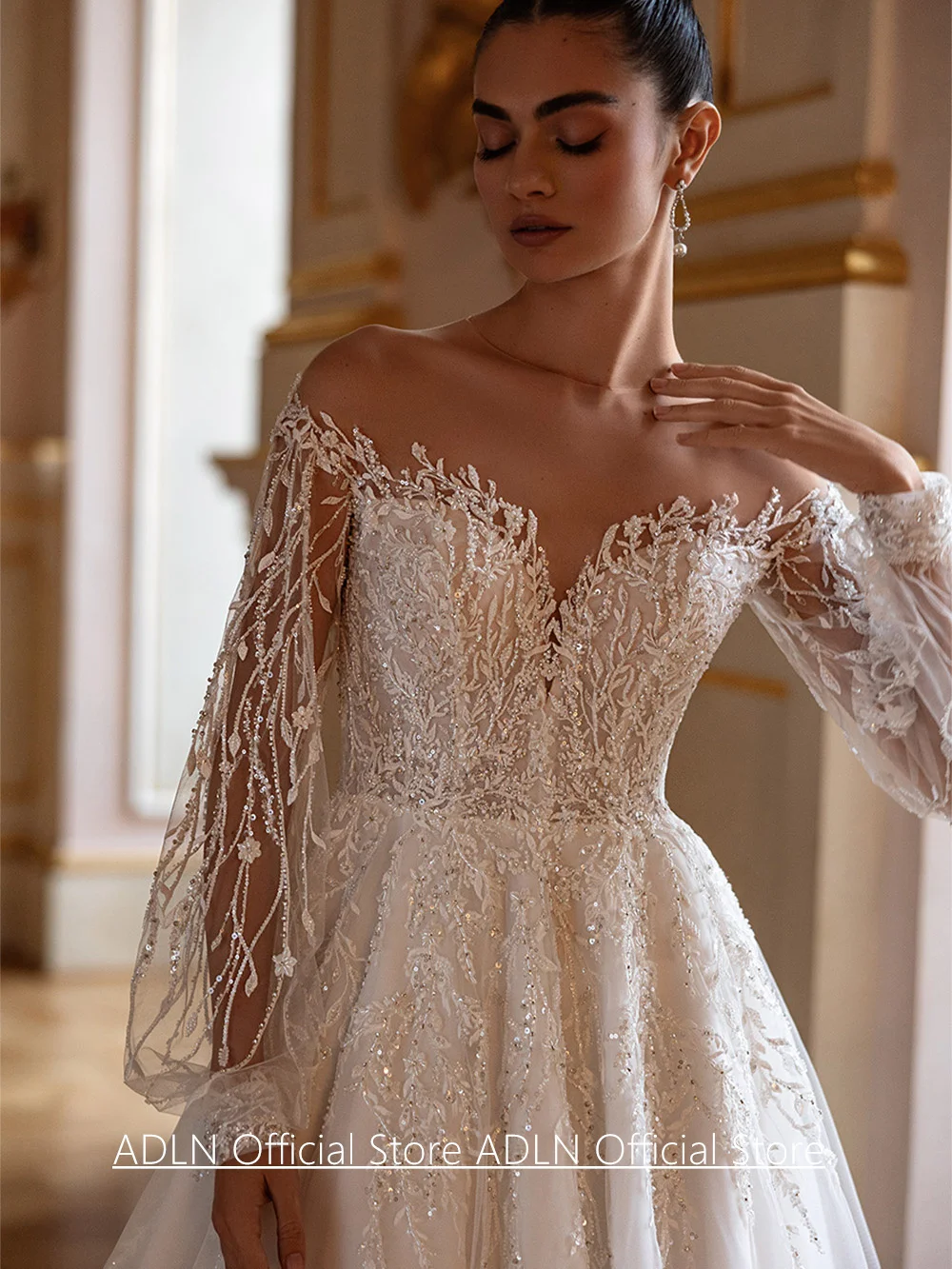 Фото Свадебное платье Vestidos De Novia, прозрачное свадебное платье с длинными рукавами и блестящей аппликацией из бисера, свадебное платье со шлейфом для невесты №3