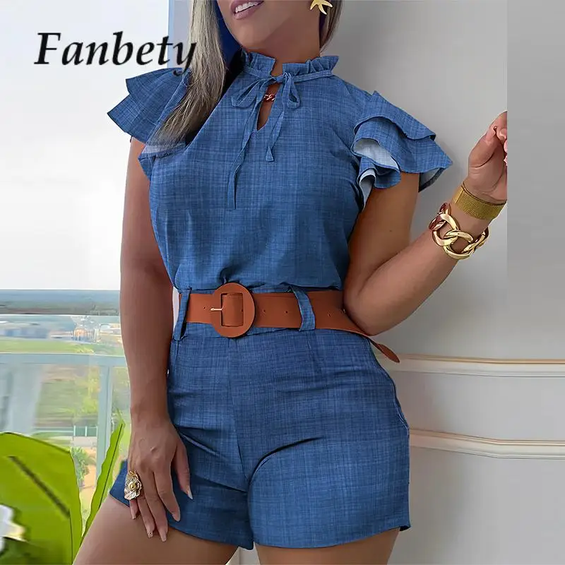 

Женский облегающий костюм с коротким рукавом, однотонный комплект с оборками, Элегантная блузка с высоким воротником на шнуровке и шорты с ...