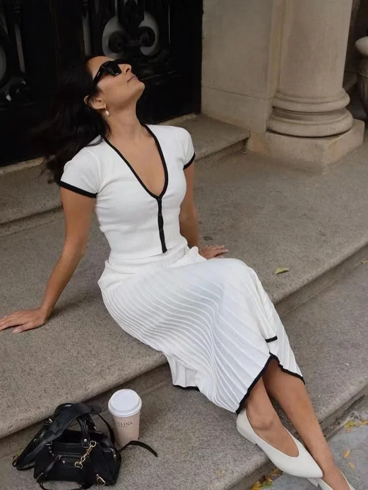 Женский плиссированный комплект из двух предметов элегантный белый с длинной