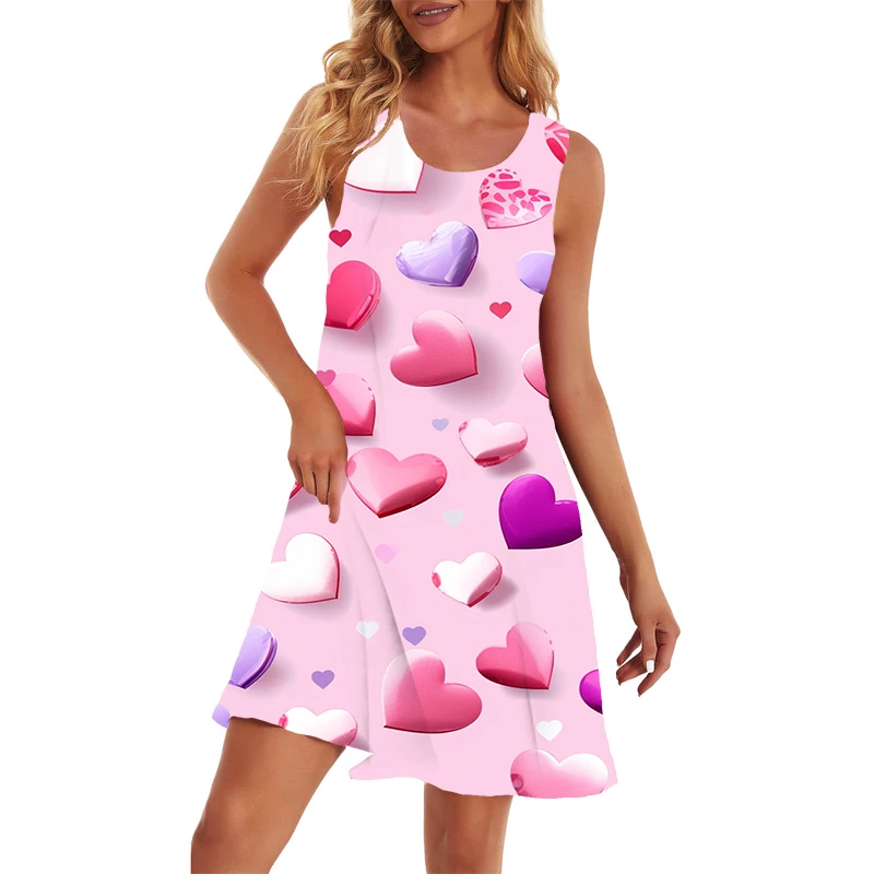 

Женское летнее платье без рукавов, модное Повседневное платье без рукавов с 3D принтом сердечек