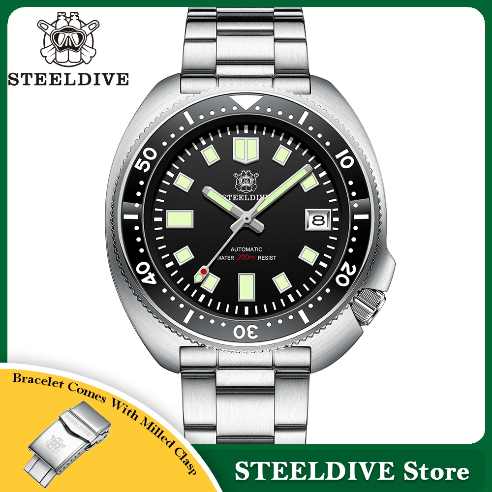 Фото Steeldive SD1970 Белый фон с датой 200 м Водонепроницаемое AR-покрытие Сапфировое стекло NH35 Черный циферблат Черепаха Автоматические мужские часы для дайвинга №1