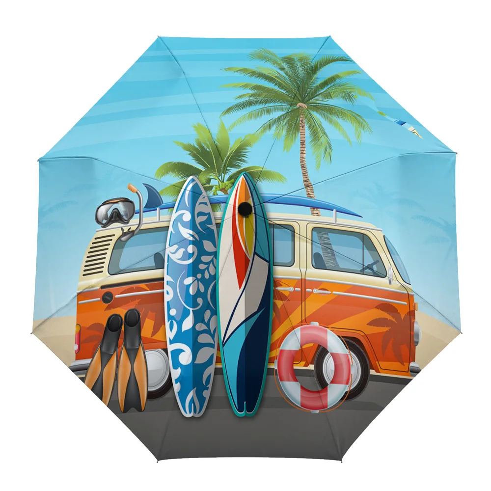 

Surf Diving Beach Van Automatic Umbrella Men Women Rain Windproof Outdoor Travel Sun Three Folding Umbrellas 8 Ribs Gift Parasol