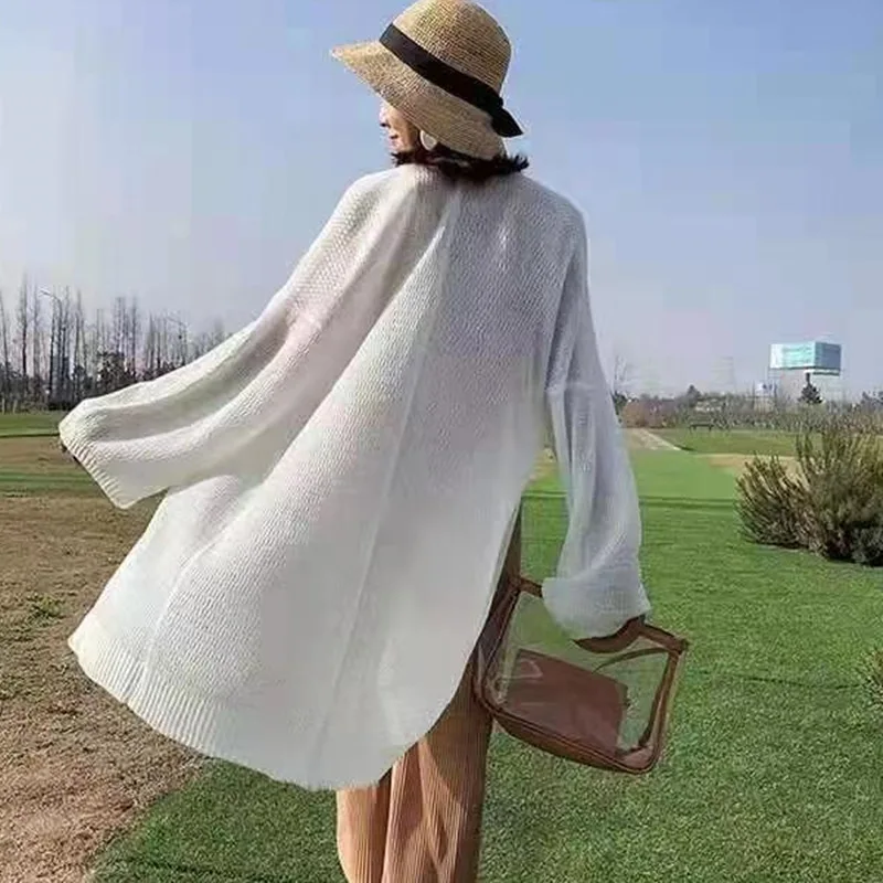 Летний длинный свободный кардиган пальто женский тонкий вязаный свитер с