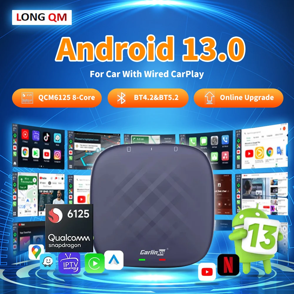 

Android 13 CarlinKit Android Auto Wireless CarPlay AI TV Box QCM6125 8-Core Split Screen 64G 128G For Netflix YouTube Play Store