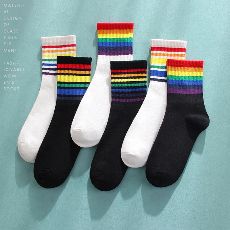 

1 пара, женские хлопковые носки в радужную полоску