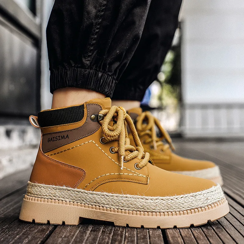 Осенне-зимние модные зеленые мужские рабочие ботинки удобные на платформе