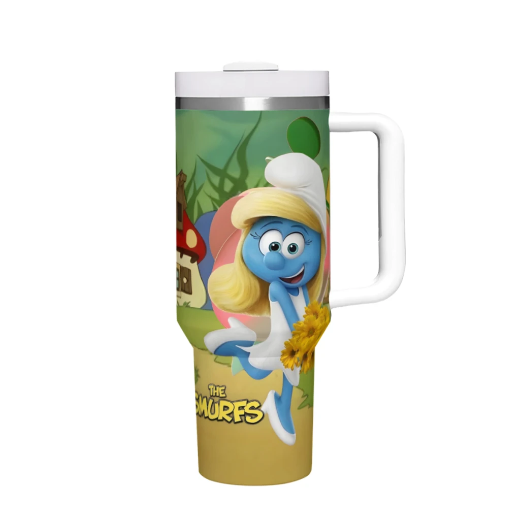 Стакан The-Smurfs на 40 унций с ручкой и соломенной крышкой. Изолированные стаканы из