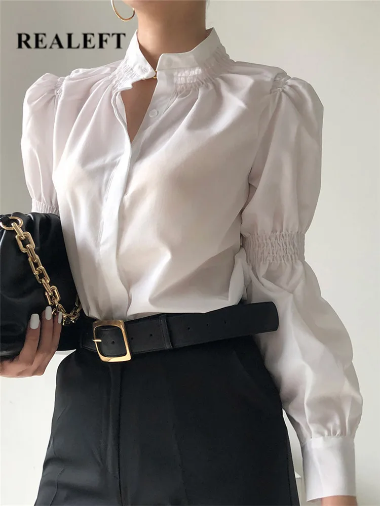 

REALEFT 2022 New Spring Puff Sleeve White Women's Blouse Stand Collar Casual Loose Female Blouse Chic Tops Workwear Shirts