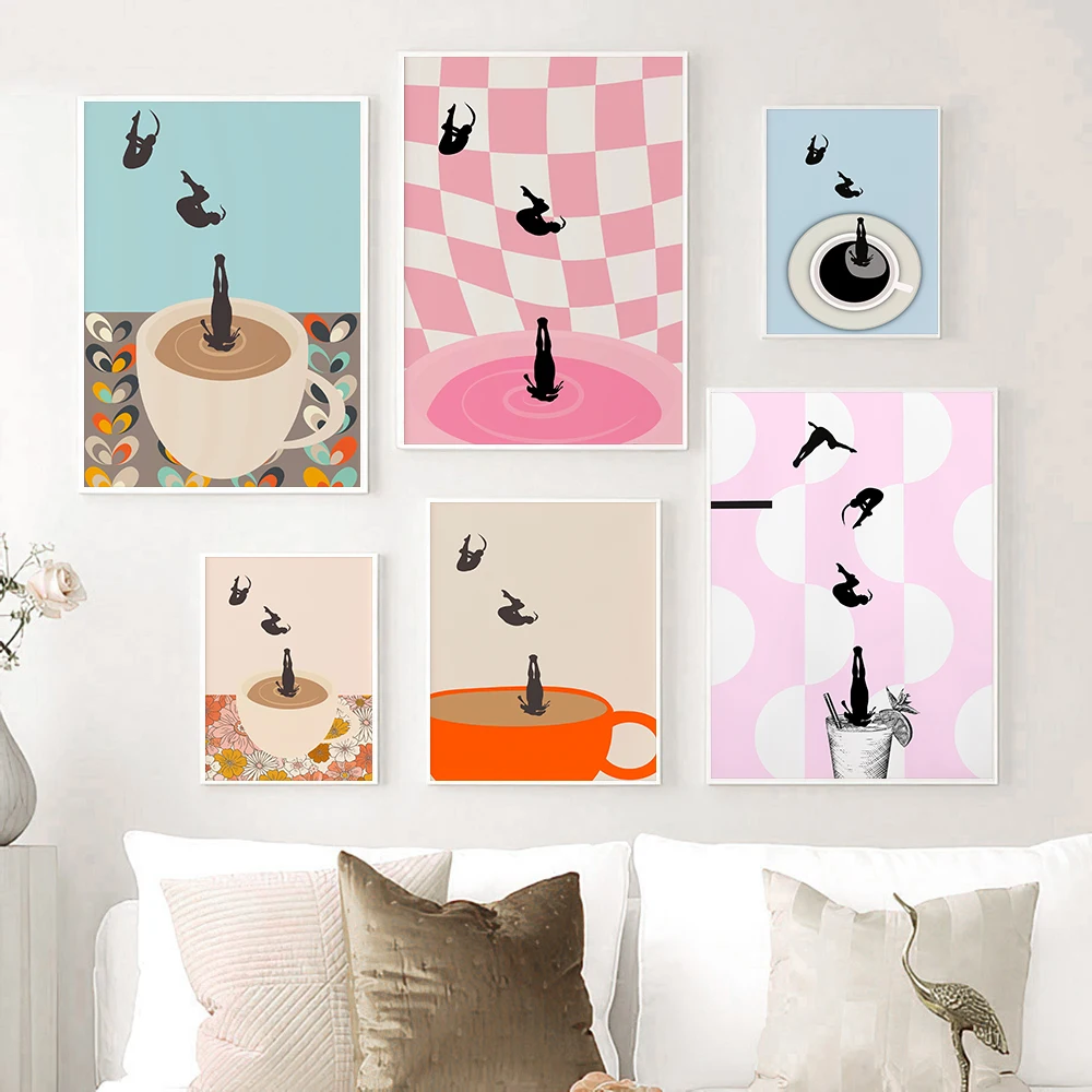 

Cafe Art Coffee Print Drink Poster Modern Kitchen Decor Retro Pop Kitchen Exhibition Wall Canvas Painting Diver Abstract