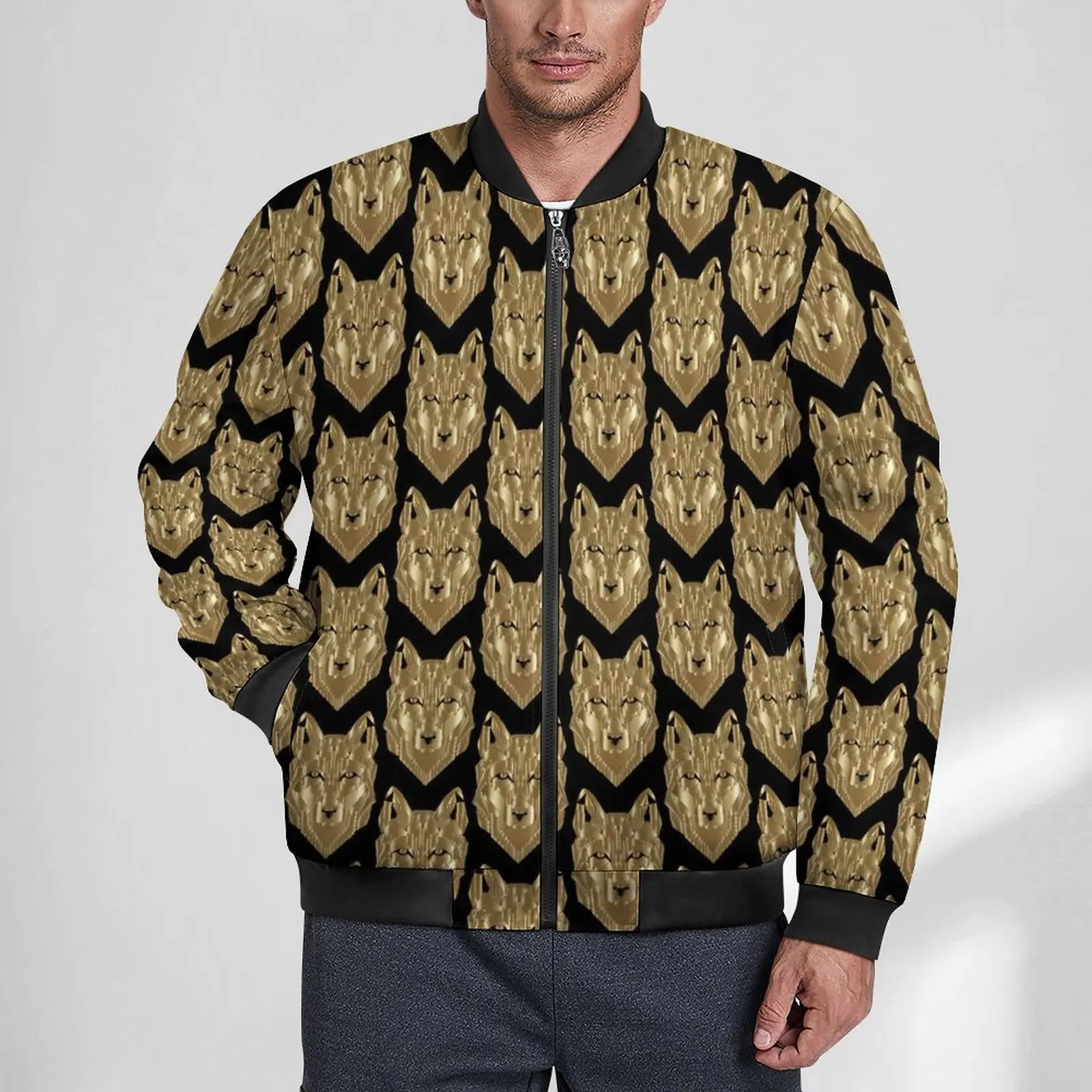

Gold Wolf Print Casual Jackets Men Funny Animal Coats Autumn Aesthetic Jacket Waterproof Pattern Outdoor Clothes Plus Size