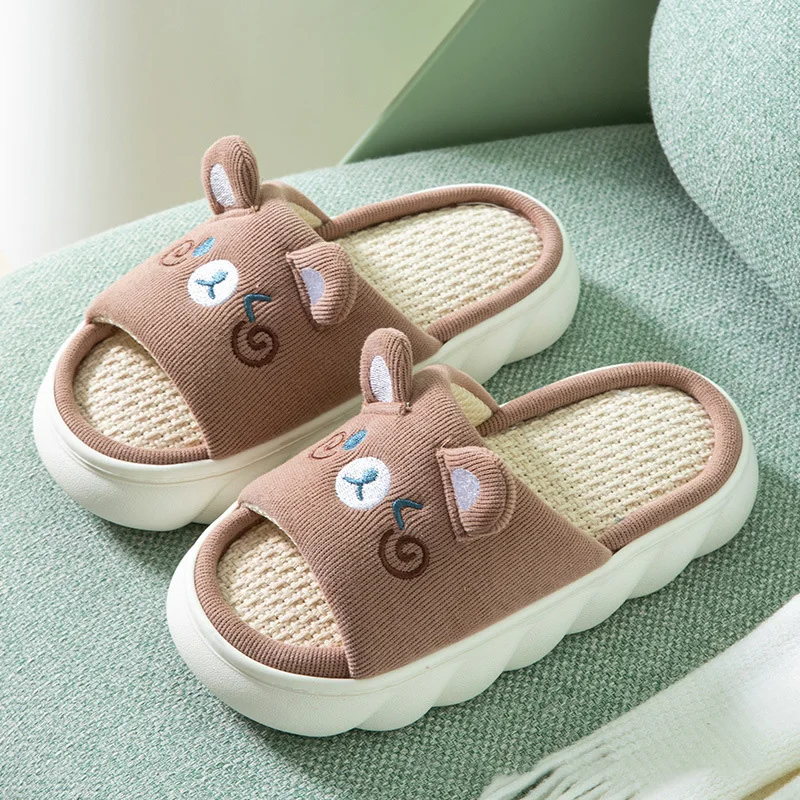 Thick Sole Cartoon Linen Slippers Female Cute Rabbit Anti-slip Sweat Home Comfy Sandals Four Seasons Family Cotton Slipper images - 6