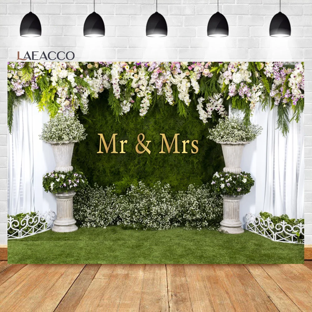

Laeacco Arch Wedding Ceremony Backdrop Stone Planter Flowers Green Ivy Wall Mr&Mrs Bridal Shower Portrait Photography Background
