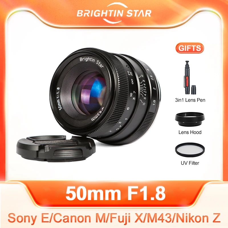

Brightin Star 50 мм F1.8 APS-C Большая диафрагма портретная ручная фокусировка основной объектив для Canon EOS M Fuji X FX Sony E FE Nikon Z M4/3