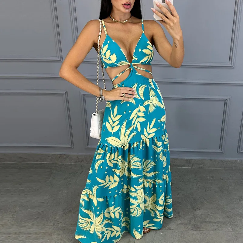 

Women's 2023 Fall New Small Fresh Printing Dew Waist Tie Bust Sleeveless Halter Dress Women's Sexy and Elegant Swing Long Skirt