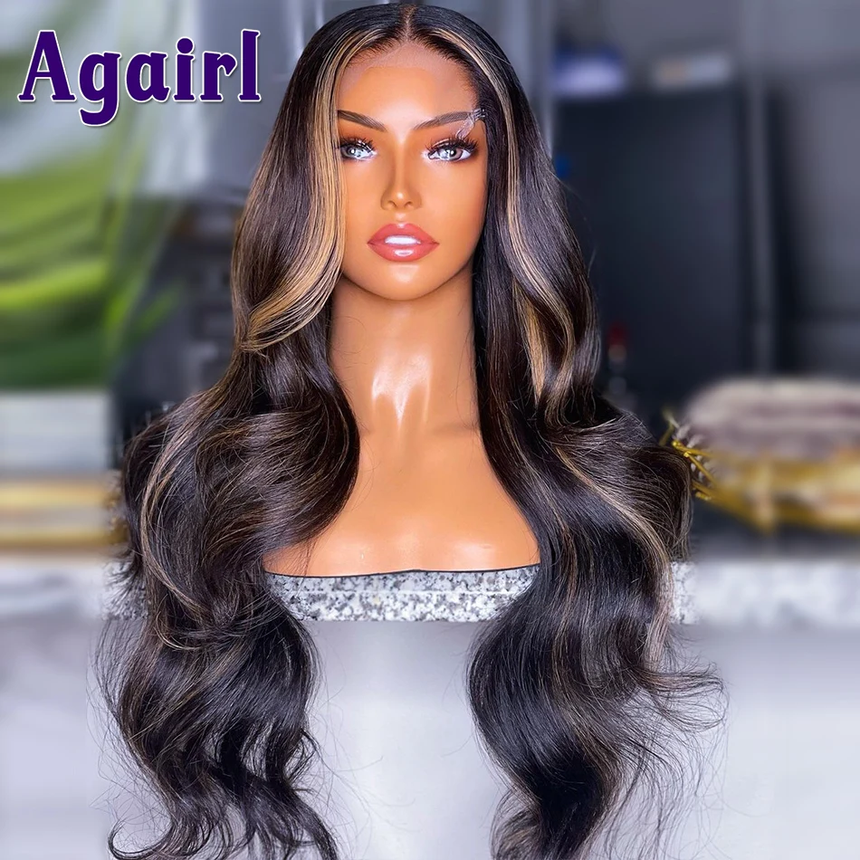 Transparent 5x5 Lace Closure Human Hair Wig 1B/27 Highlight Colored Lace Front Wig Blonde Strip Black Body Wave Lace Frontal Wig