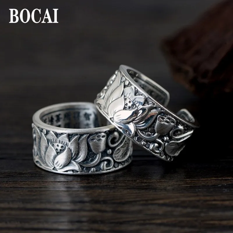 

BOCAI Real Pure S999 Silver Lotus Heart Sutra Men Ring Opening Vintage Six-character Mantra Buddhist Jewelry Good Luck Gift