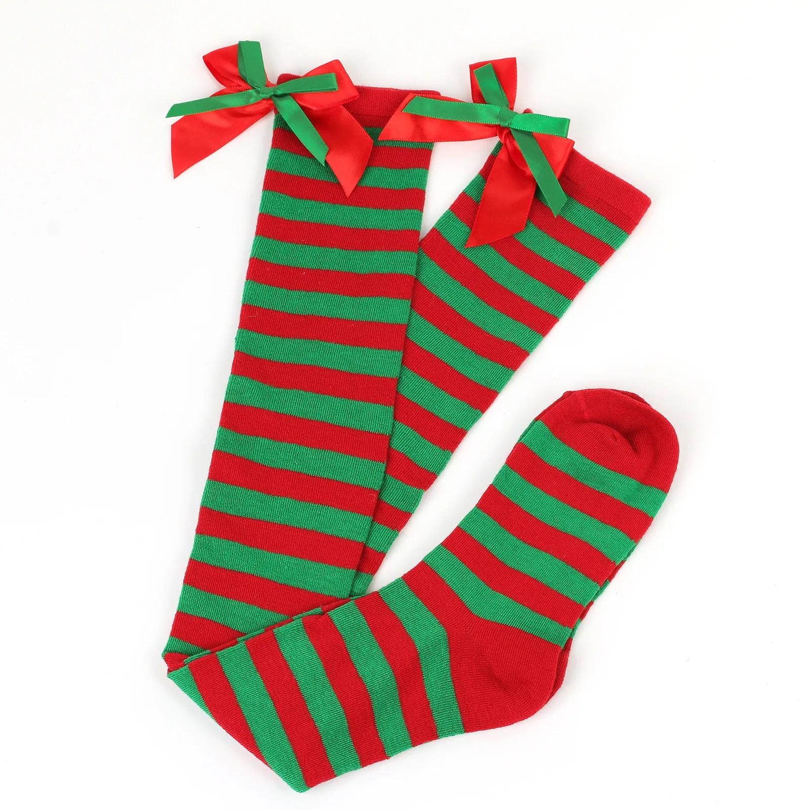 Рождественские чулки с бантом для девочек длинные полосатые вязаные носки