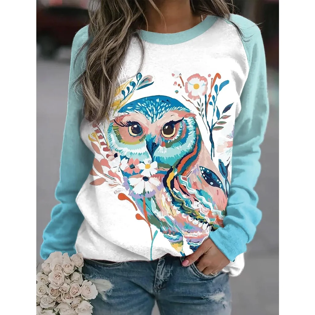 

[New In] Women's long sleeves 3d print T shirt Round Neck Basic Vintage Tops owl