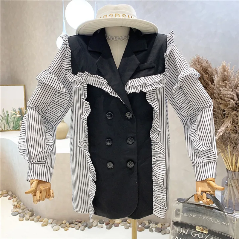 

Новинка, женская одежда, весна 2022, дизайнерский приталенный повседневный костюм в полоску с оборками, блейзеры, пальто, топы, женские блузки