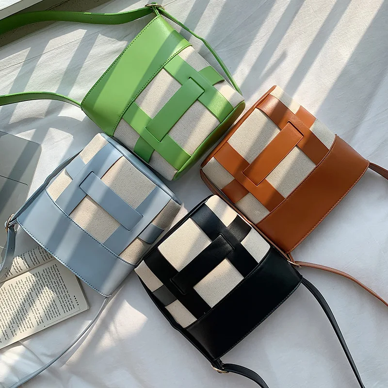 

Fashion Hollow Patchwork Canvas Buckets Bag Designer Women Shoulder Bags Luxury Pu Leather Crossbody Bag Small Tote Purses 2022