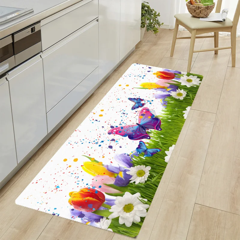 

3D Tulip Butterfly Pattern Area Rug Kitchen Rug Non-slip Absorbent Water Bathroom Carpet Bedroom Floor Mats Doormats