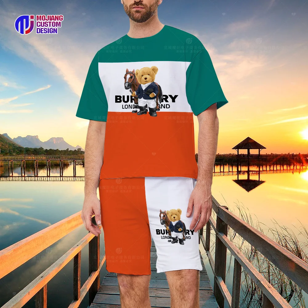 Summer Colorblock T-Shirt and Shorts Set Luxury Brand Short Sleeve Men's T-Shirt Bear Print Top T-Shirt Set of 2