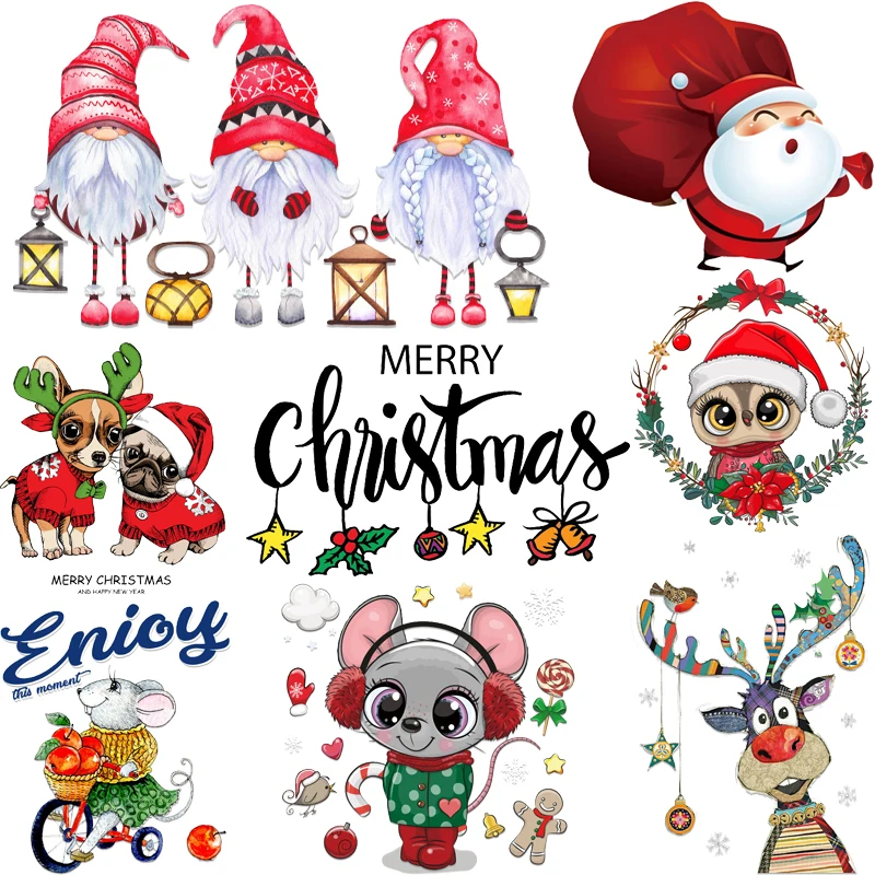 

Cartoon Cute Gnome Deer Christmas Patches for Clothing Thermal Stickers on Clothes Santa Claus Elk Owl Snowman Iron-on Transfers