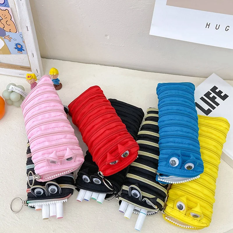 

Solid Color Caterpillar Long Zipper Pencil Case Stationery Storage Bag Cute Pen holder Student Pen Case for Kids Pen Pouches