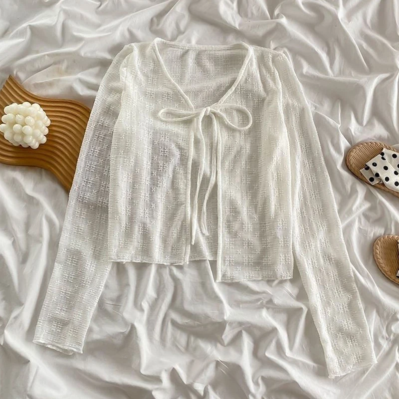 2024 Белый Летний кардиган на завязках женская сексуальная прозрачная блузка с