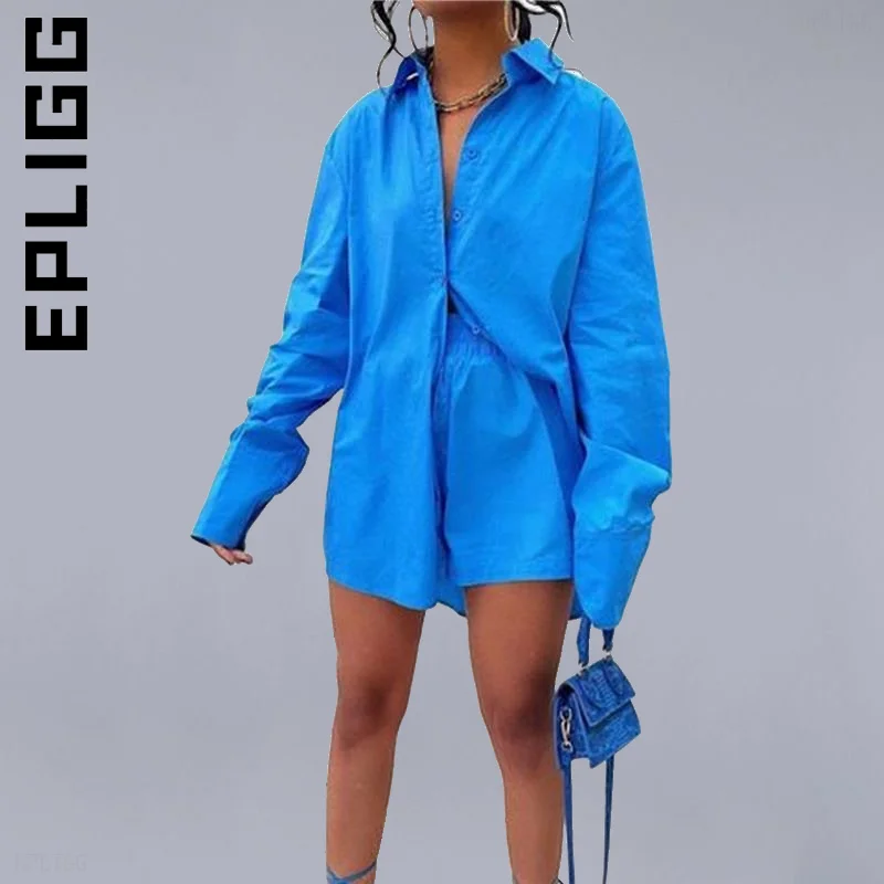 

Женский комплект Epligg, новые базовые свободные шорты, женский костюм, женский однотонный комплект из двух предметов, повседневный женский сп...
