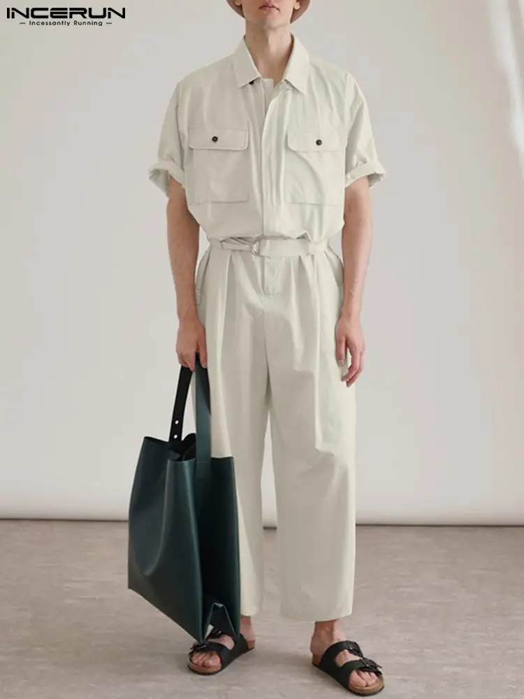 

Комбинезон-карго INCERUN мужской с коротким рукавом, однотонный ромпер с отложным воротником и множеством карманов, уличная одежда, повседневн...
