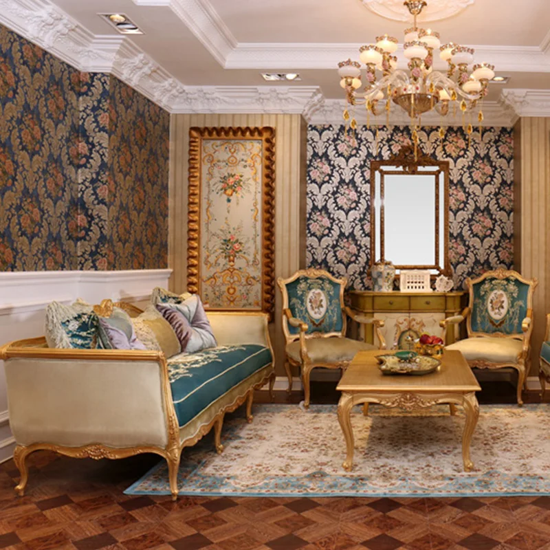 

Под заказ французская Европейская полностью цельная резьба по дереву водой синяя Золотая фольга вилла модель комната комбинированный диван