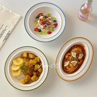 LadyCC Coil Soup Plate Retro Ceramic Oval Fish Plate Salad Pasta Plate Household Ceramic Tableware