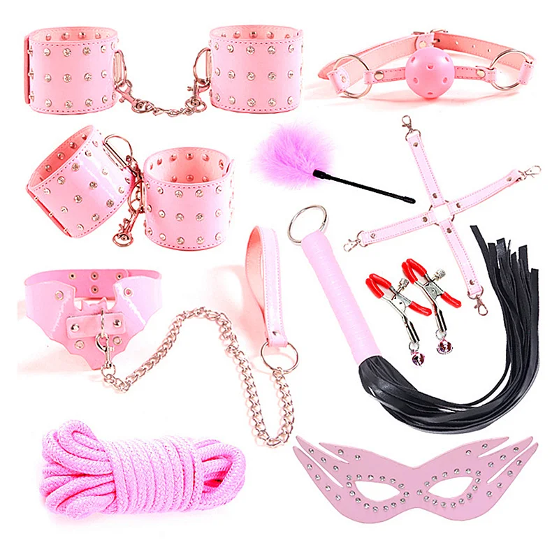 

10 Pcs Adult Game Erotic Sex Toys Flirting BDSM Bondage Set Handcuffs Ankle Bracelets Nipple Clamps Gag Whip Rope Collar Eyemask