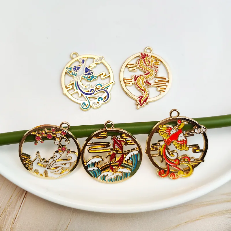 

10pcs Chinese mythological animals Phoenix Carp Flying Dragon enamel charms for jewelry making metal charms