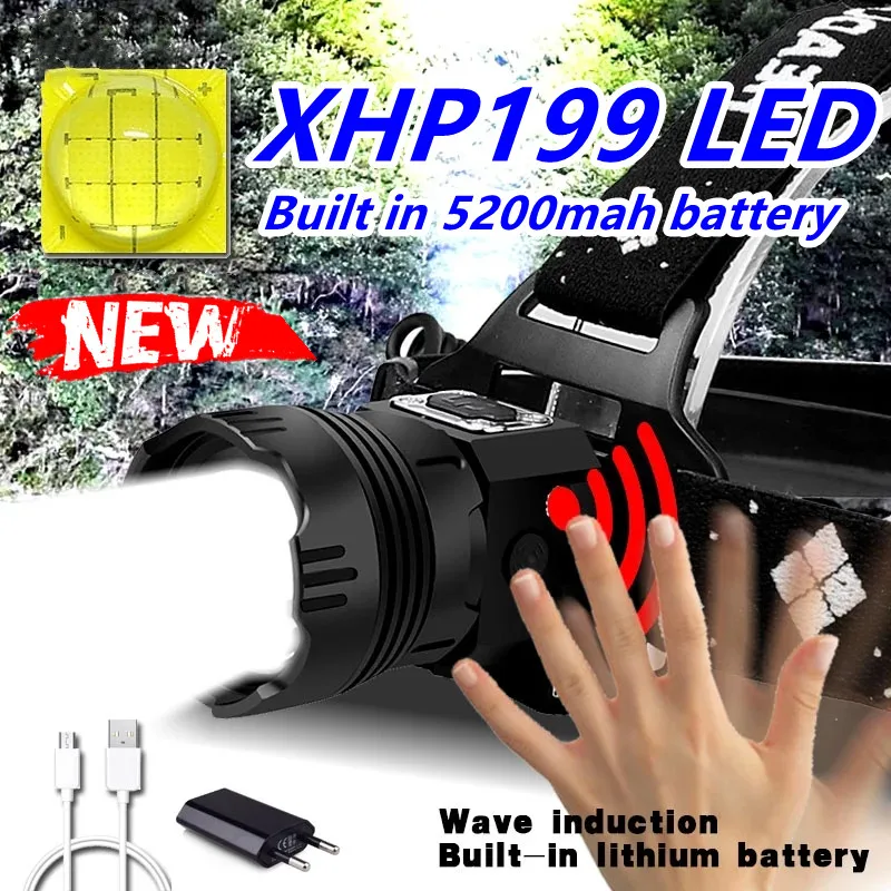 

75000LM USB Rechargeable Powerful XHP199 IR Sensor Led Headlamp Torch Headlight 18650 Head Lamp Light XHP90 Super bright Lantern