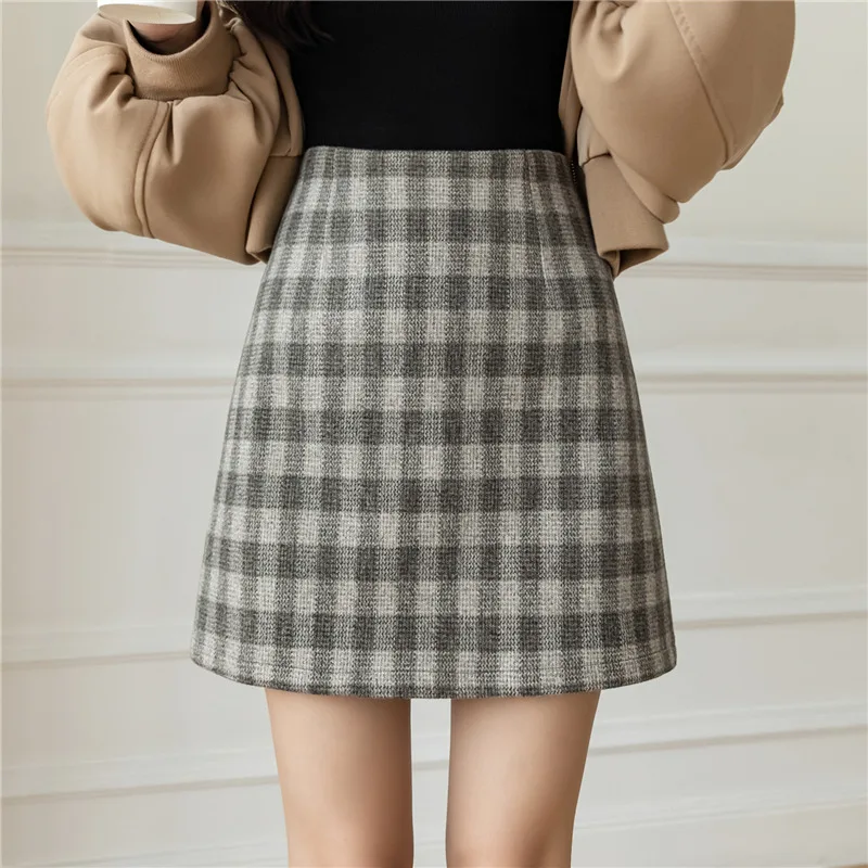 

Новинка, шерстяные мини-юбки для молодых женщин, сезон осень-зима 2022, клетчатая короткая юбка А-силуэта с высокой талией, сексуальная юбка в ...