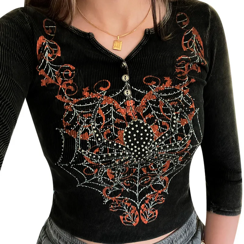 

Женский винтажный укороченный топ, футболка с длинным рукавом и графическим принтом, в стиле Харадзюку, одежда в стиле 1920-х годов, уличная одежда, осень-зима 2022